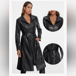 Allegra K Faux Leather Long Jacket for Women's Lapel Long Sleeve Zip Casual Tren